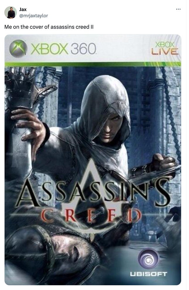 Jax Taylor'ın X gönderisinin Assassin's Creed oyun kapağına benzeyen bir ekran görüntüsü. 